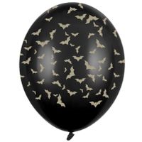 6x Halloween decoratie ballon matzwart met gouden vleermuisprint 30 cm