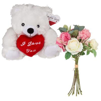 Valentijnscadeau - Beertje en bloemenboeket - kunstbloem - wit - cadeau - romantisch