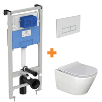 Luca Varess Calibro hangend toilet en fino wc-bril hoogglans wit randloos met inbouwreservoir en gratis Ideal Standard Oleas M2 mat chroom bedieningspaneel