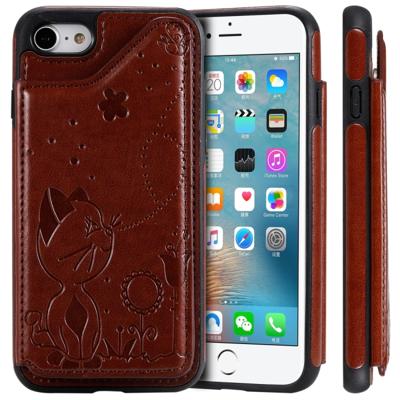 Voor iPhone 8/7 kat Bee reliëf patroon schokbestendige beschermende case met kaartsleuven & fotolijstjes (bruin)