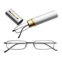 Leesbrillen metalen voorjaar voet draagbare Presbyopic glazen met buis geval + 2.00 D (zilver grijs)