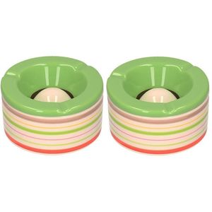 Set van 2x stuks terras asbakken/stormasbakken rond keramiek 14 x 7,5 cm groen met streep - Asbakken