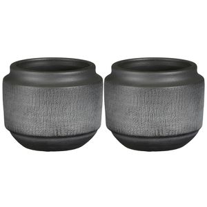 2x stuks plantenpot/bloempot - zwart met relief - D15/H13 cm