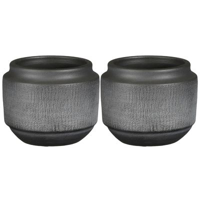 2x stuks plantenpot/bloempot - zwart met relief - D15/H13 cm