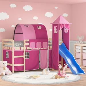 Kinderhoogslaper met toren 80x200 cm massief grenenhout roze SKU: V3207092