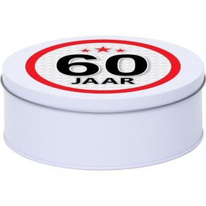 Cadeau/kado wit rond blik 60 jaar 18 cm