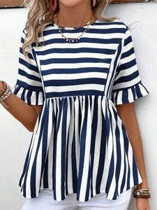 Women's Short Sleeve Shirt Summer Blue Striped Crew Neck Daily Going Out Casual Top