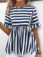 Women's Short Sleeve Shirt Summer Blue Striped Crew Neck Daily Going Out Casual Top