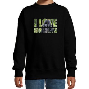 Tekst sweater I love monkeys met dieren foto van een gorilla aap zwart voor kinderen