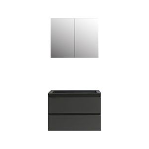 Badkamermeubel BWS Pepper Wastafel Acryl Mat Zwart Incl Spiegelkast 2 Deurs Met Kraangat 80x55x46 cm Antraciet