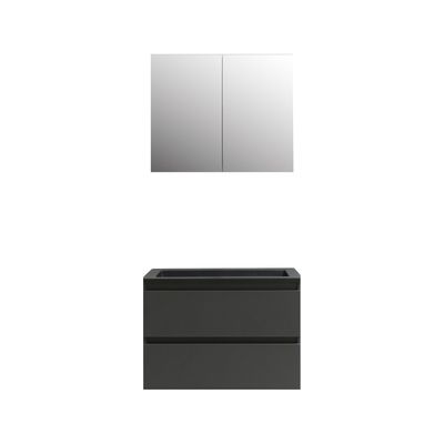 Badkamermeubel BWS Pepper Wastafel Acryl Mat Zwart Incl Spiegelkast 2 Deurs Met Kraangat 80x55x46 cm Antraciet