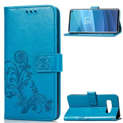 Lucky Clover ingedrukt bloemen patroon lederen draagtas voor Galaxy S10e met houder & kaartsleuven & portemonnee & hand strap (blauw)