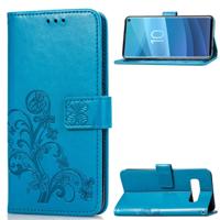 Lucky Clover ingedrukt bloemen patroon lederen draagtas voor Galaxy S10e met houder & kaartsleuven & portemonnee & hand strap (blauw)