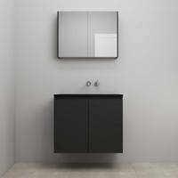 On-Line Badkamermeubelset - 80 cm - Voorgemonteerd - Greeploze Ladestructuur - Acryl Wastafel - zonder Kraangat - Spiegelkast - Mat Zwart