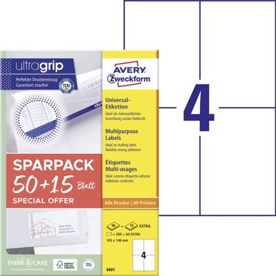 Avery-Zweckform 6601 Universele etiketten 105 x 148 mm Papier Wit 260 stuk(s) Permanent hechtend Laser (kleur), Laser (zwart/wit)