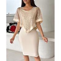 Dames Schede jurk Pailletten Strakke ronde hals Korte mouw Halflange jurk Bruiloft gast Cocktailparty Elegant Formeel Beige Zomer Lightinthebox - thumbnail