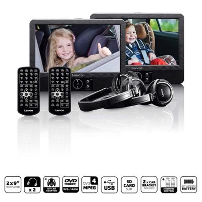 Lenco 2x 9" draagbare DVD-speler met USB SD ingebouwde batterij hoofdtelefoon en beugel Zwart - DVP-939
