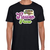 Jaren 60 Flower Power verkleed shirt zwart met hippie busje heren - thumbnail