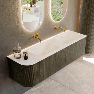 Badmeubel Mondiaz Kurve-Dlux | 155 cm cm | Meubelkleur Shadow | Wastafelkleur Ostra | Solid surface | Dubbel / Rechts spoelbak | Zonder kraangat(en)