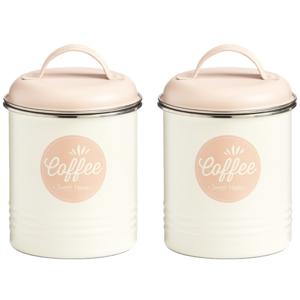 Zeller Koffie bewaarblik - Set van 2x stuks - Metaal - Wit/Roze - Coffee Sweet Home - 2 liter - 11 x