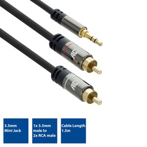 ACT AC3605 audio aansluitkabel 3.5mm naar 2 x RCA 1,5m