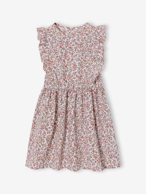 Meisjesjurk van seersuckerstof met ruches wit, bedrukt