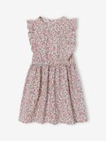 Meisjesjurk van seersuckerstof met ruches wit, bedrukt