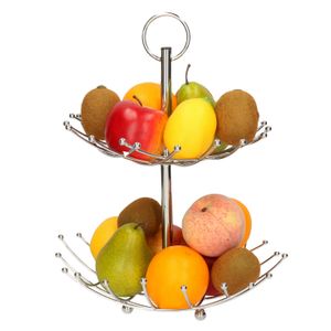 Dubbele etagere fruitschaal/fruitmand rond zilver metaal 36 x 40 cm