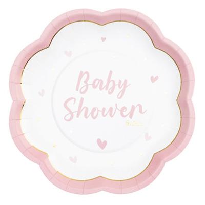 Feest/babyshower bordjes - geboorte - 8x - roze - bloem vorm - papier/karton - 20 cm
