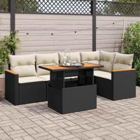 6-delige Loungeset met kussens poly rattan acacia zwart