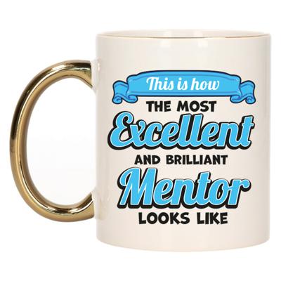 Cadeau koffie/thee mok - excellent leraar/mentor - goud/blauw - keramiek - 300 ml