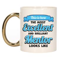 Cadeau koffie/thee mok - excellent leraar/mentor - goud/blauw - keramiek - 300 ml