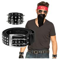 Verkleed setje Biker/Rocker - Heren - Bandana/riem/armband/baard met snor