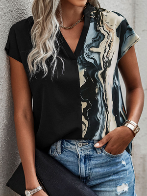 Abstract Loose Casual V Neck T-Shirt