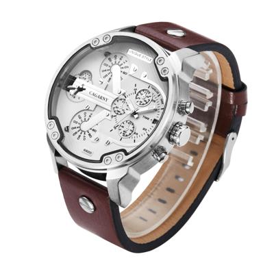 CAGARNY 6820 modieuze multifunctionele stijl Quartz Business sport polshorloge met lederen band & GMT tijd & kalender & lichtgevende display voor mann