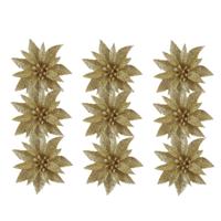 Kerstboom bloemen op clip - 12x stuks - goud - 10 cm - kunststof - kerstornamenten - thumbnail