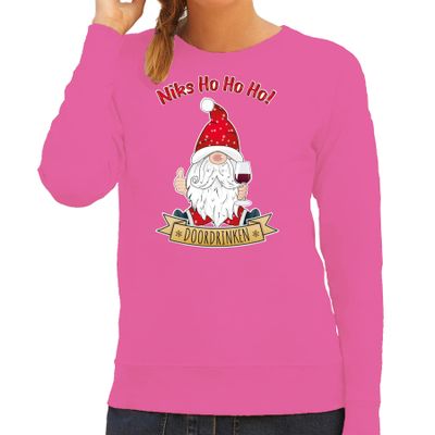 Foute Kersttrui/sweater voor dames - Wijn kabouter/gnoom - roze - Doordrinken Foute Kersttrui/sweater voor dames - Wijn kabouter/gnoom - roze - Doordrinken
