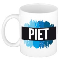 Naam cadeau mok / beker Piet met blauwe verfstrepen 300 ml - thumbnail