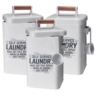 Wasmiddel/tablet bewaarblik - 3x - metaal - wit - met deksel en maatschep - 18 x 16 x 30 cm