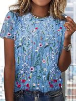 Jersey Floral Printed Casual Crew Neck T-Shirt - thumbnail