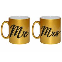 Gouden Mrs en MR cadeau mokken / bekers set voor koppels 330 ml - feest mokken - thumbnail