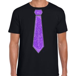 Verkleed t-shirt voor heren - stropdas glitter paars - zwart - carnaval - foute party