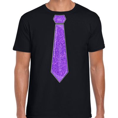 Verkleed t-shirt voor heren - stropdas glitter paars - zwart - carnaval - foute party