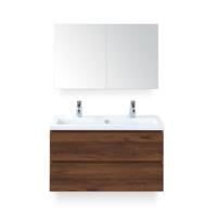 Vogue Badmeubelset 100 cm - Greeplijst in kleur - Walnoot - Keramische Wastafel Wit 2 kraangaten - met Spiegelkast