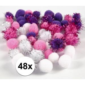 Knutsel pompons - 48x - wit/roze/paars - 15-20 mm - hobby bolletjes - ponpons