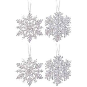 4x Zilveren sneeuwvlok/ijsster kerstornamenten kerst hangers 12 cm met glitters   -