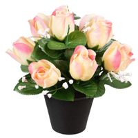 Kunstbloemen klein boeketje rozen in pot - creme/lichtroze - H25 cm - Bloemstuk - Bladgroen