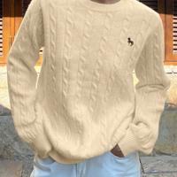 Bon&Bon Women's Navy Blue Polo Collar Cable-Knit Embroidered Sweater Beige / XL