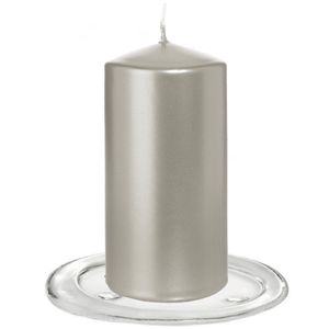 Trend Candles - Stompkaarsen met glazen onderzetters set van 2x stuks - zilver metallic 6 x 12 cm