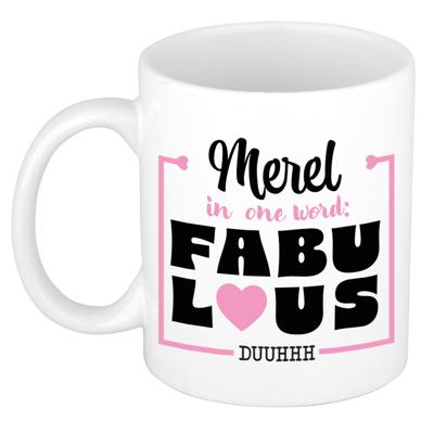 Naam mok Merel - wit - Fabulous - keramiek - 300 ml - cadeau collega beker